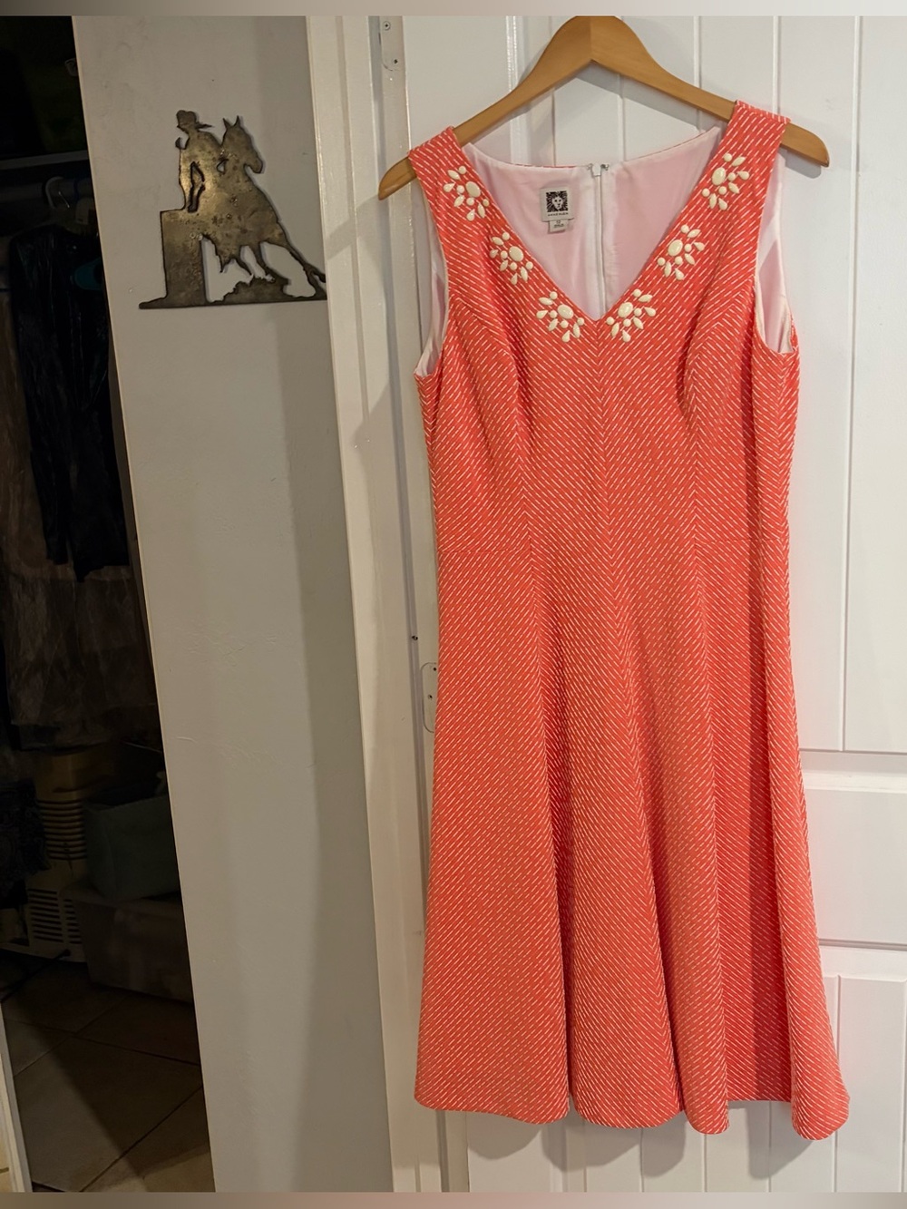 Anne Klein Coral A-Line Embroidered V-Neck Dress